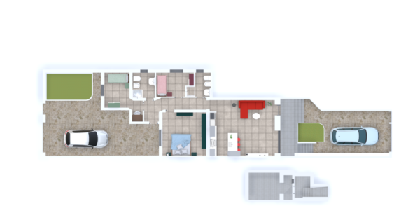 Planimetria 2D colorata e arredata appartamento - vista top